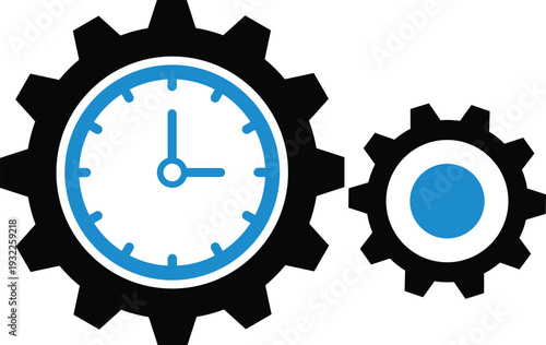 Two black gears one with a blue and white clock face on white background time mechanism cogwheel