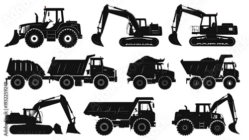 Construction and agriculture vehicle illustration set, black heavy machinery vector designs for building, excavation, transport, and farming equipment graphics