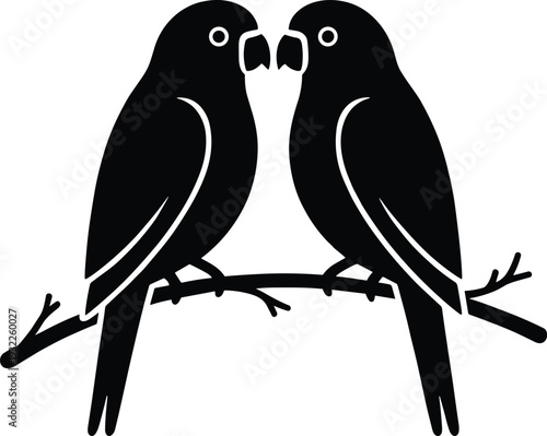 Romantic Lovebirds Silhouette on Tree Branch, Minimalist Black and White Parrot Couple Illustration, Cute Bird Pair Vector Design Symbolizing Love, Romance and Partnership