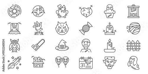 Diverse Halloween Themed Line Icons Pack Essential Vector Symbols for Spooky Season Designs and Festivities