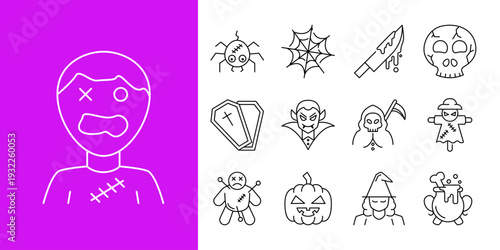 A collection of spooky Halloween-themed line art icons featuring zombies, vampires, skulls, and other frightful characters on a vibrant purple background