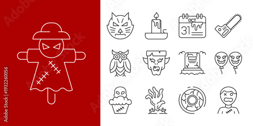 Set of Halloween icons and a scarecrow illustration in a minimalist outline style with a red background