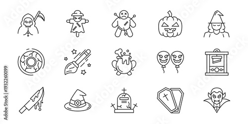 Spooky Halloween Line Icons Collection Grim Reaper, Jack-o'-lantern, Witch, Vampire, Voodoo Doll, and other eerie vector symbols
