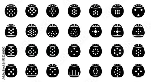 Collection of simple black icons depicting tropical landscapes and volcanoes in a grid pattern on a white background viewed from directly above
