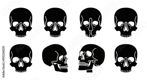 Collection of simple black icons depicting tropical landscapes and volcanoes in a grid pattern on a white background viewed from directly above