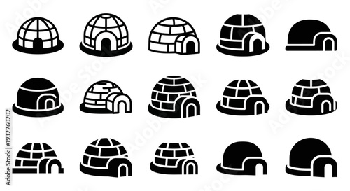 Collection of simple black icons depicting tropical landscapes and volcanoes in a grid pattern on a white background viewed from directly above