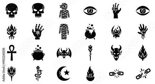 Collection of simple black icons depicting tropical landscapes and volcanoes in a grid pattern on a white background viewed from directly above