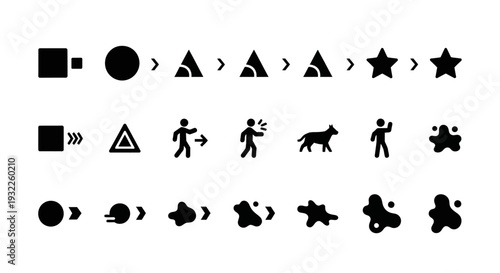 Collection of simple black icons depicting tropical landscapes and volcanoes in a grid pattern on a white background viewed from directly above