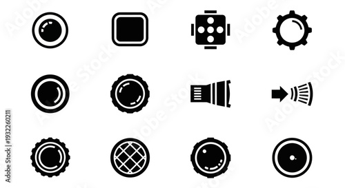 Collection of simple black icons depicting tropical landscapes and volcanoes in a grid pattern on a white background viewed from directly above