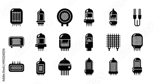 Collection of simple black icons depicting tropical landscapes and volcanoes in a grid pattern on a white background viewed from directly above