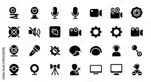 Collection of simple black icons depicting tropical landscapes and volcanoes in a grid pattern on a white background viewed from directly above