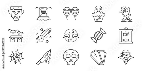 Collection of stylized line art icons representing various Halloween themes and spooky elements for graphic design and celebrations