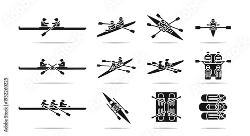 Collection of simple black icons depicting tropical landscapes and volcanoes in a grid pattern on a white background viewed from directly above