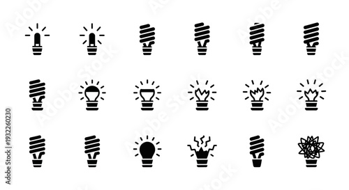 Collection of simple black icons depicting tropical landscapes and volcanoes in a grid pattern on a white background viewed from directly above