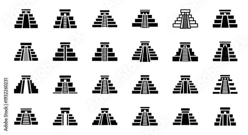 Collection of simple black icons depicting tropical landscapes and volcanoes in a grid pattern on a white background viewed from directly above
