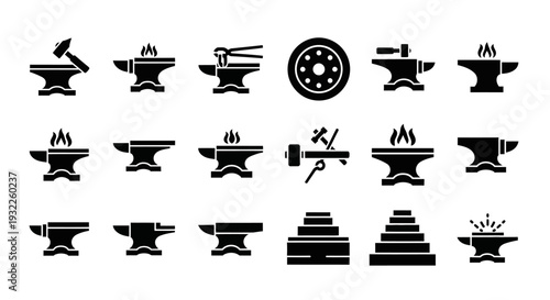 Collection of simple black icons depicting tropical landscapes and volcanoes in a grid pattern on a white background viewed from directly above