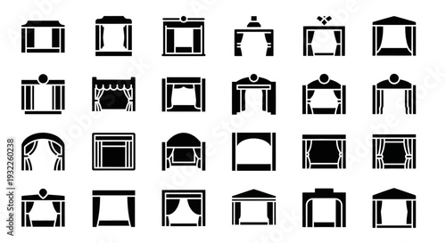 Collection of simple black icons depicting tropical landscapes and volcanoes in a grid pattern on a white background viewed from directly above