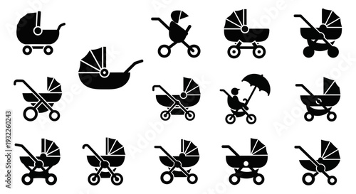 Collection of simple black icons depicting tropical landscapes and volcanoes in a grid pattern on a white background viewed from directly above