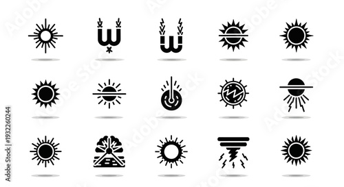 Collection of simple black icons depicting tropical landscapes and volcanoes in a grid pattern on a white background viewed from directly above