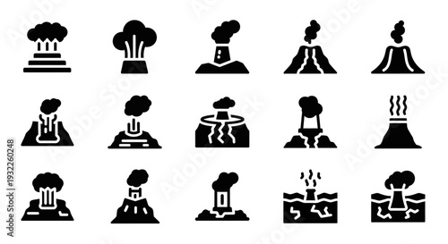 Collection of simple black icons depicting tropical landscapes and volcanoes in a grid pattern on a white background viewed from directly above