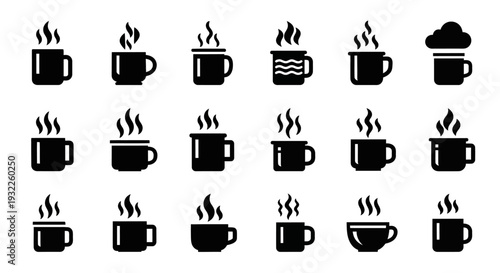 Collection of simple black icons depicting tropical landscapes and volcanoes in a grid pattern on a white background viewed from directly above