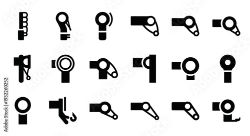 Collection of simple black icons depicting tropical landscapes and volcanoes in a grid pattern on a white background viewed from directly above