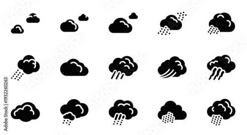 Collection of simple black icons depicting tropical landscapes and volcanoes in a grid pattern on a white background viewed from directly above