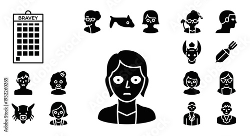 Collection of simple black icons depicting tropical landscapes and volcanoes in a grid pattern on a white background viewed from directly above