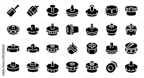 Collection of simple black icons depicting tropical landscapes and volcanoes in a grid pattern on a white background viewed from directly above