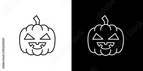Clean line art Halloween pumpkin icon, a spooky Jack-o'-lantern vector illustration featuring a carved face for festive design