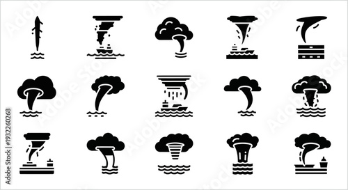 Collection of simple black icons depicting tropical landscapes and volcanoes in a grid pattern on a white background viewed from directly above
