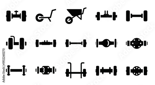 Collection of simple black icons depicting tropical landscapes and volcanoes in a grid pattern on a white background viewed from directly above