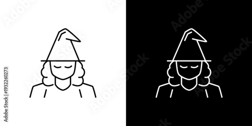 A line art icon illustration of a witch's head wearing a pointed hat and cloak, presented in black and white