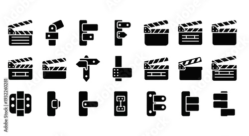 Collection of simple black icons depicting tropical landscapes and volcanoes in a grid pattern on a white background viewed from directly above