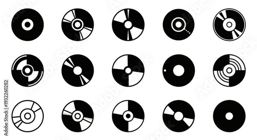 Collection of simple black icons depicting tropical landscapes and volcanoes in a grid pattern on a white background viewed from directly above