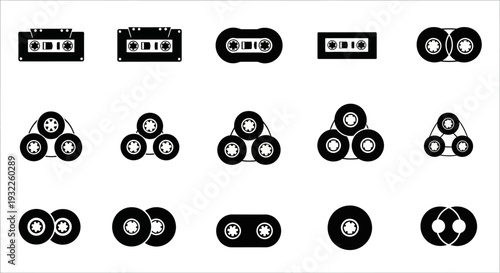 Collection of simple black icons depicting tropical landscapes and volcanoes in a grid pattern on a white background viewed from directly above