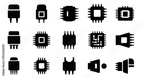Collection of simple black icons depicting tropical landscapes and volcanoes in a grid pattern on a white background viewed from directly above