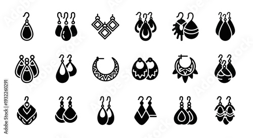 Collection of simple black icons depicting tropical landscapes and volcanoes in a grid pattern on a white background viewed from directly above