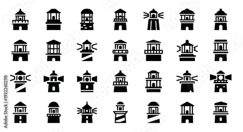 Collection of simple black icons depicting tropical landscapes and volcanoes in a grid pattern on a white background viewed from directly above