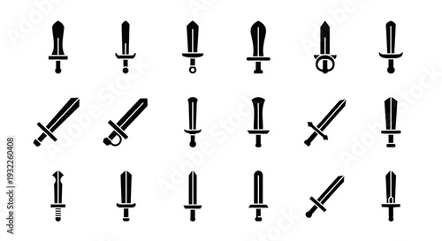 A collection of 16 swords in various orientations displayed against a plain background from a straightforward viewpoint