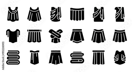 Collection of various clothing items and accessories illustrated in black and white