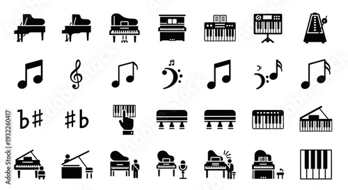 A collection of musical instruments and symbols displayed in a grid layout from a straightforward viewpoint