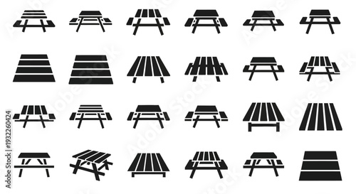 Collection of picnic tables in various styles and perspectives on a white background