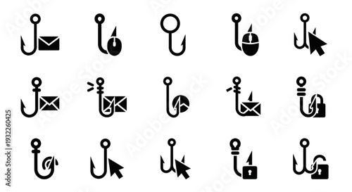 Collection of various hook icons representing different concepts and objects in a simple black line art style
