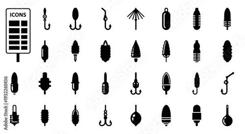 Collection of various fishing lures and icons displayed on a clean white background from a straightforward viewpoint