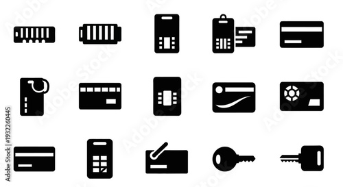Collection of various black icons representing different office supplies and tools on a plain background