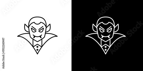 Sleek and modern vector icon illustration of a traditional mythical vampire character, showcasing fangs and a distinctive high collar, suitable for various spooky designs and Halloween projects