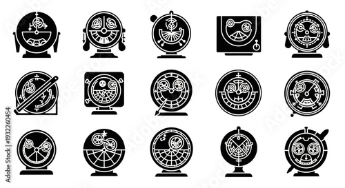 A collection of 16 monochrome globe illustrations displayed on stands from various viewpoints