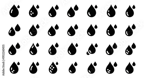 Collection of various black water droplet icons on a plain white background viewed from directly above