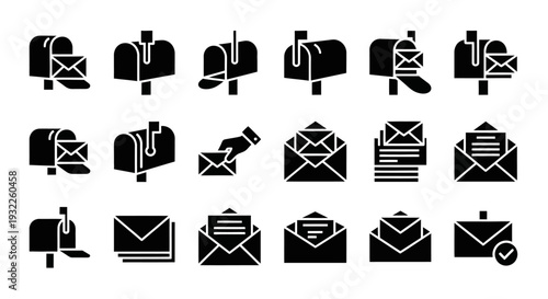 Collection of black and white mail icons representing various postal services and communication